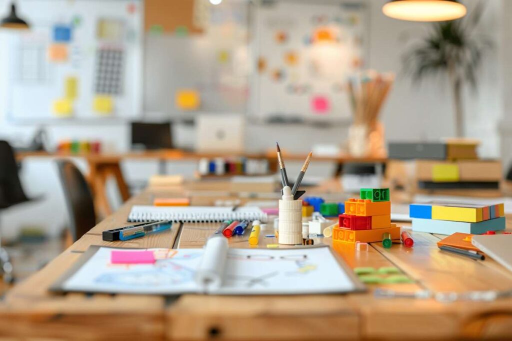Workshop-Tisch mit bunten LEGO-Steinen, Stiften und Notizblättern in einem hellen Raum – Symbol für Teamkultur, Zusammenarbeit und kreative Klarheit. Midjourney KI Bild